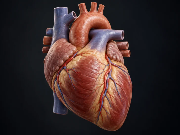 An anterior view shows the human heart and its major vessels