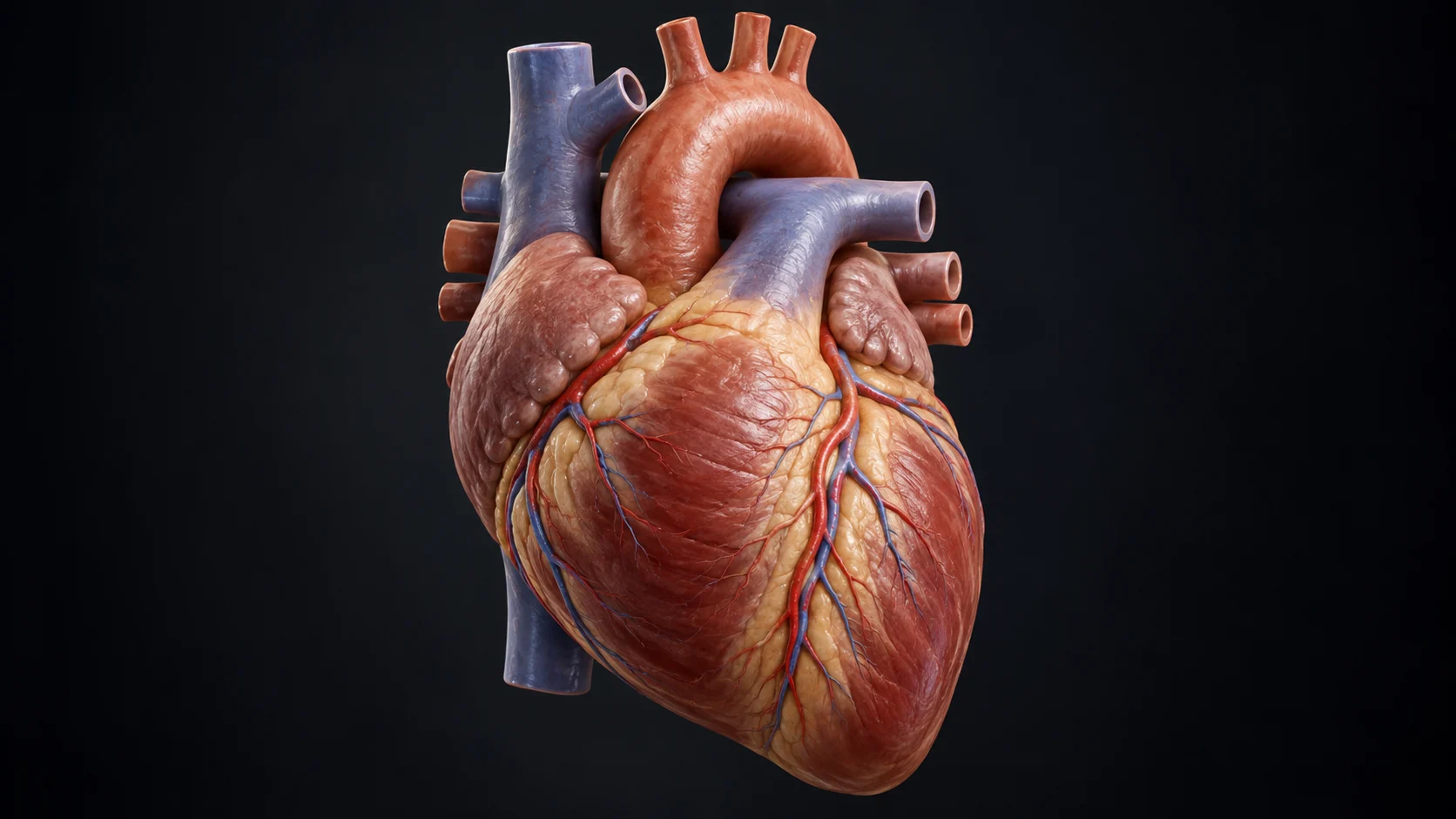 An anterior view shows the human heart and its major vessels