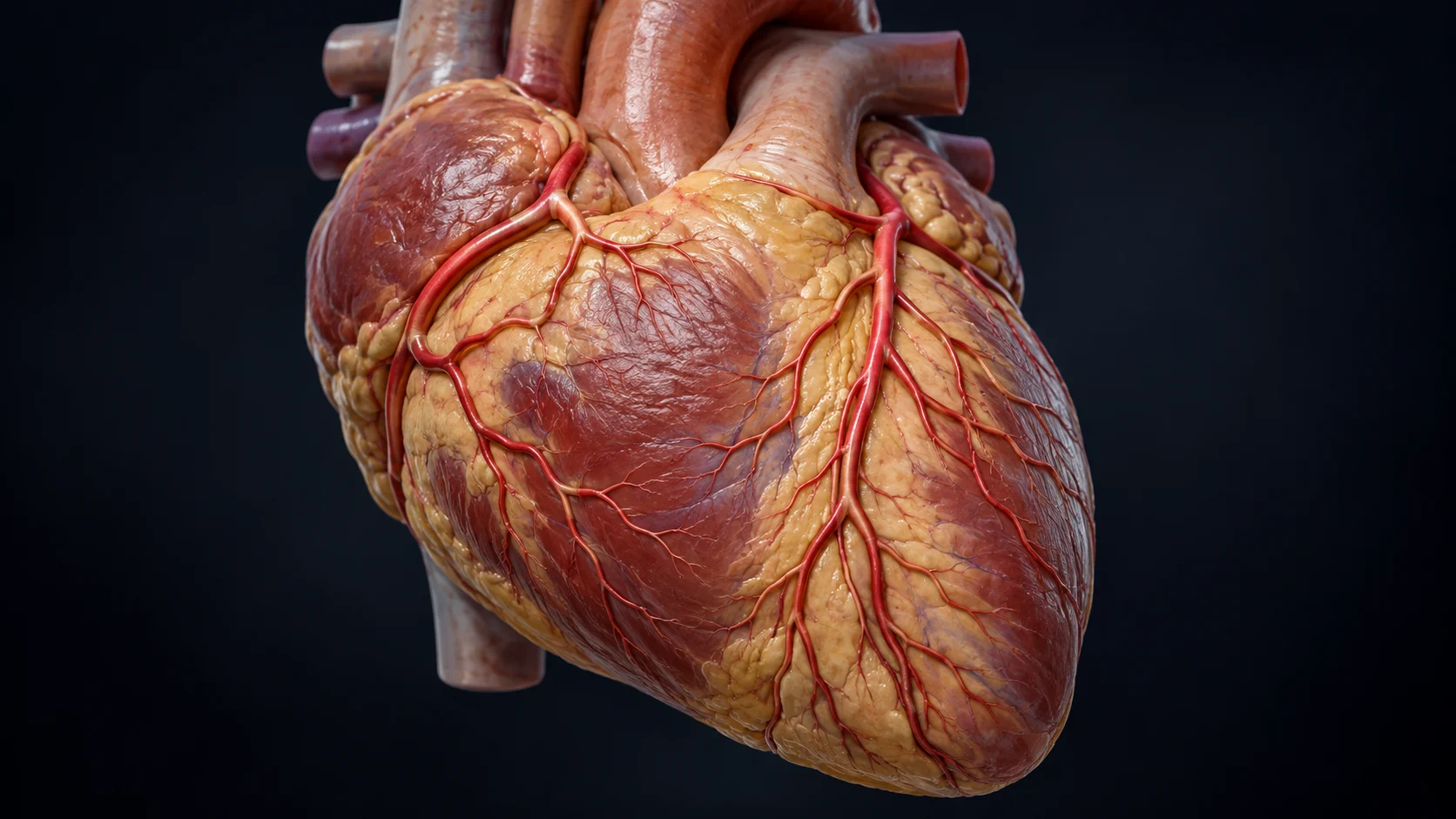 Coronary arteries branch across the surface of the heart