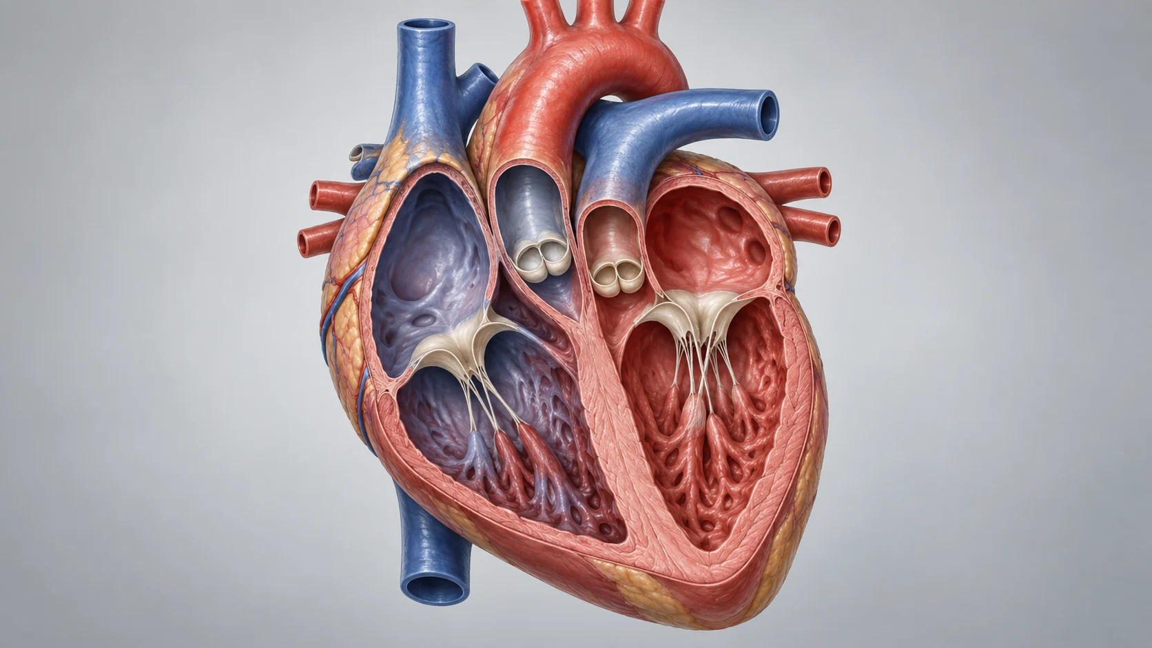 A cutaway heart reveals four chambers valves and the muscular septum