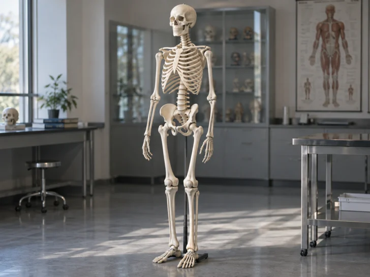 Full human skeleton specimen in a university anatomy lab