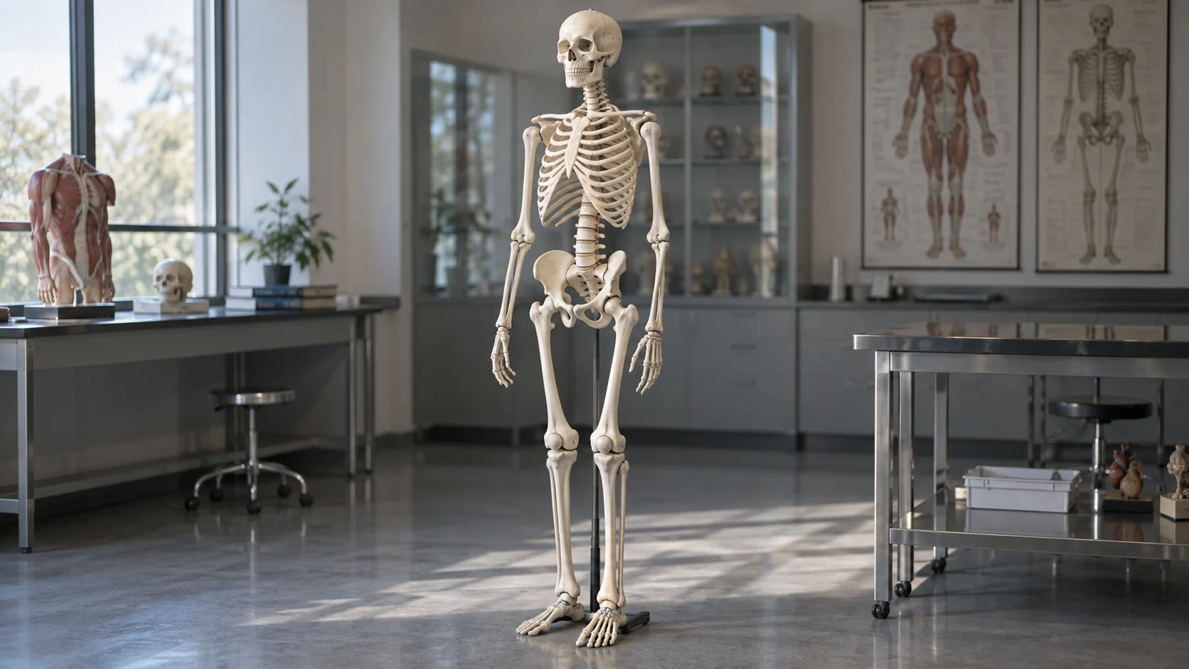 Full human skeleton specimen in a university anatomy lab