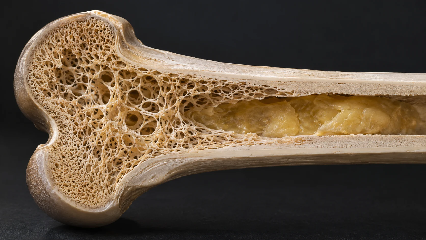 Cross-section of a long bone showing compact bone and porous interior