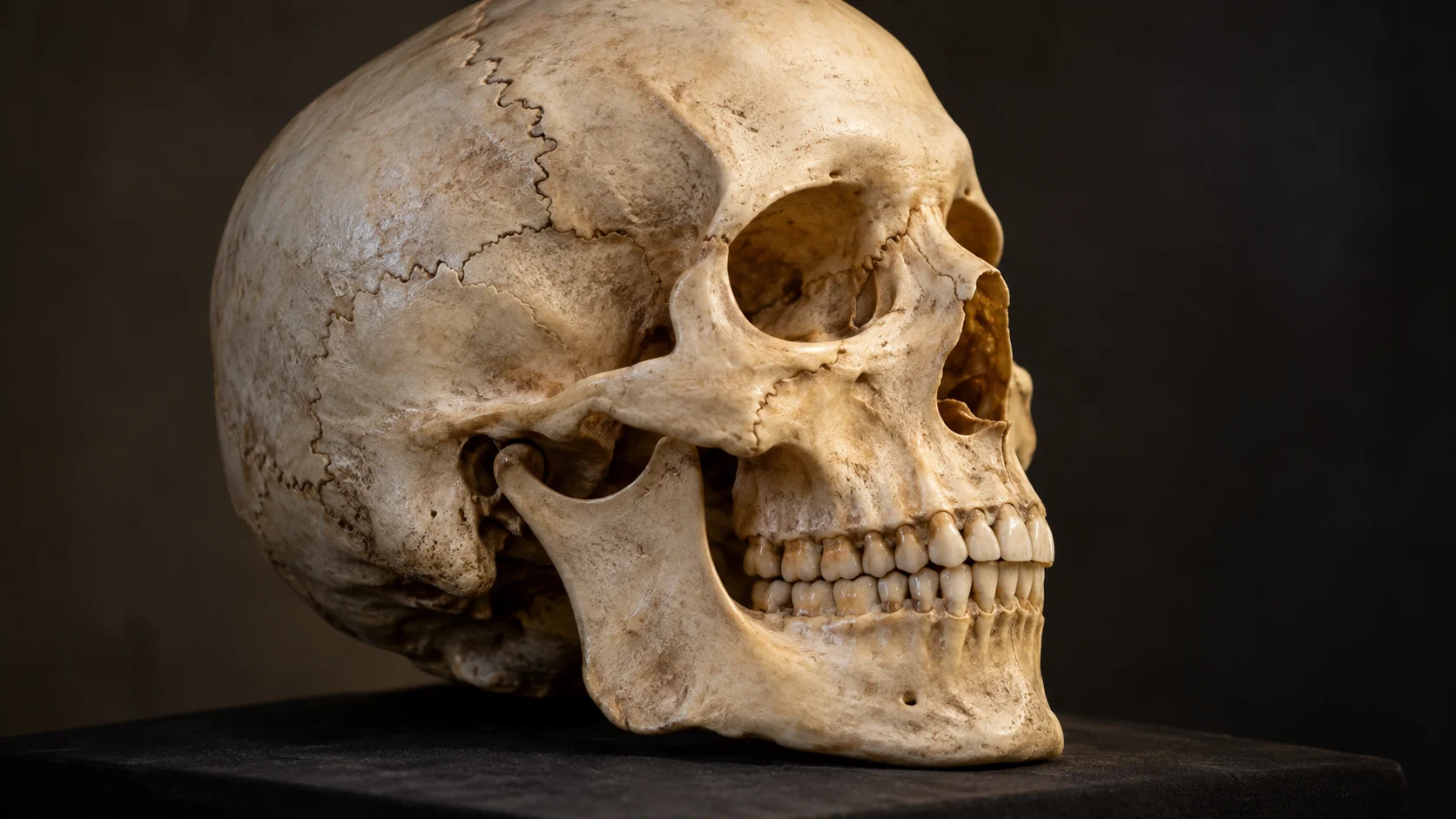 Adult human skull specimen viewed from the side