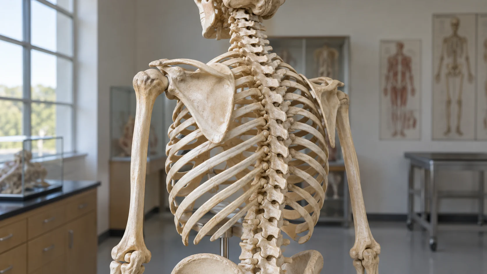 Rear view of a human spine rib cage and shoulder blades