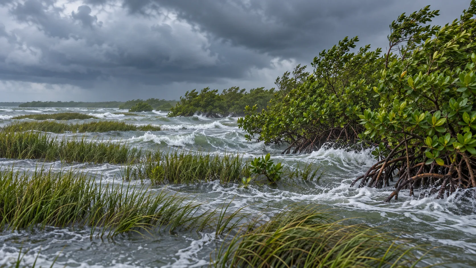 Mangroves and marsh grass soften wind-driven coastal waves