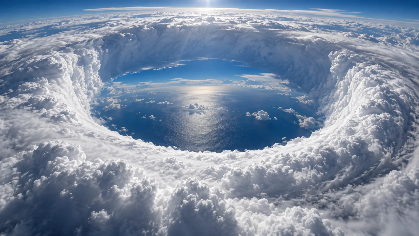 Towering eyewall clouds ring the calm blue eye of a hurricane