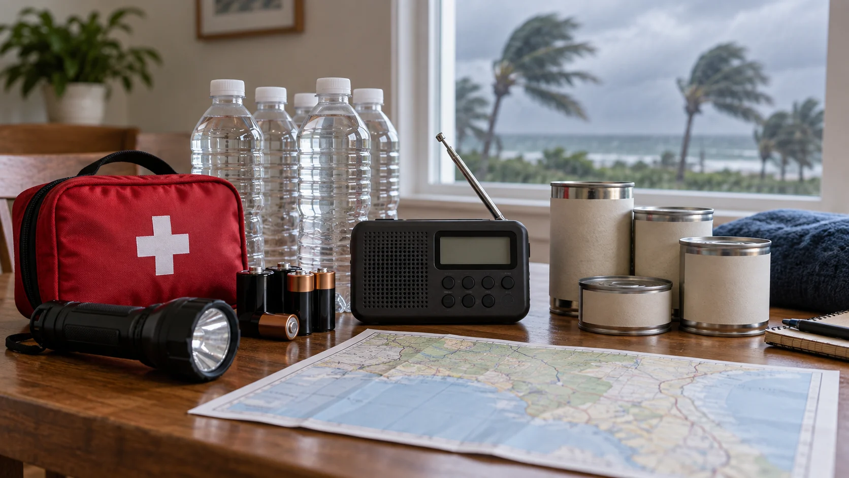 Water a radio canned food and batteries form a hurricane supply kit