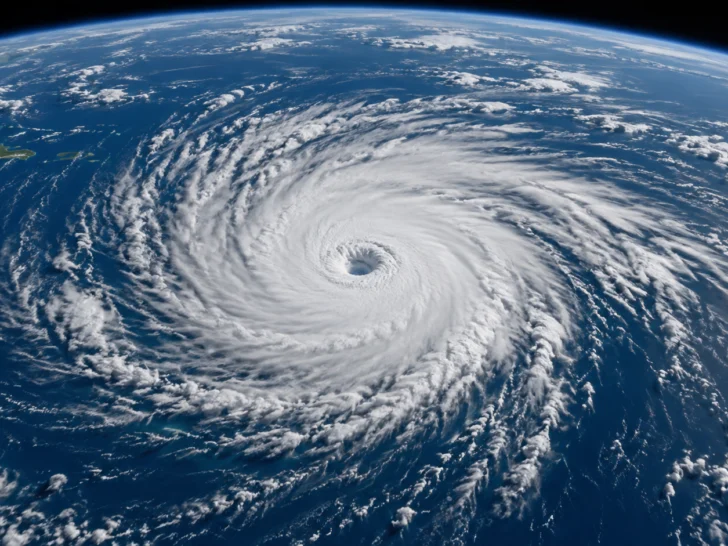 A mature hurricane spirals over the ocean in a view from orbit