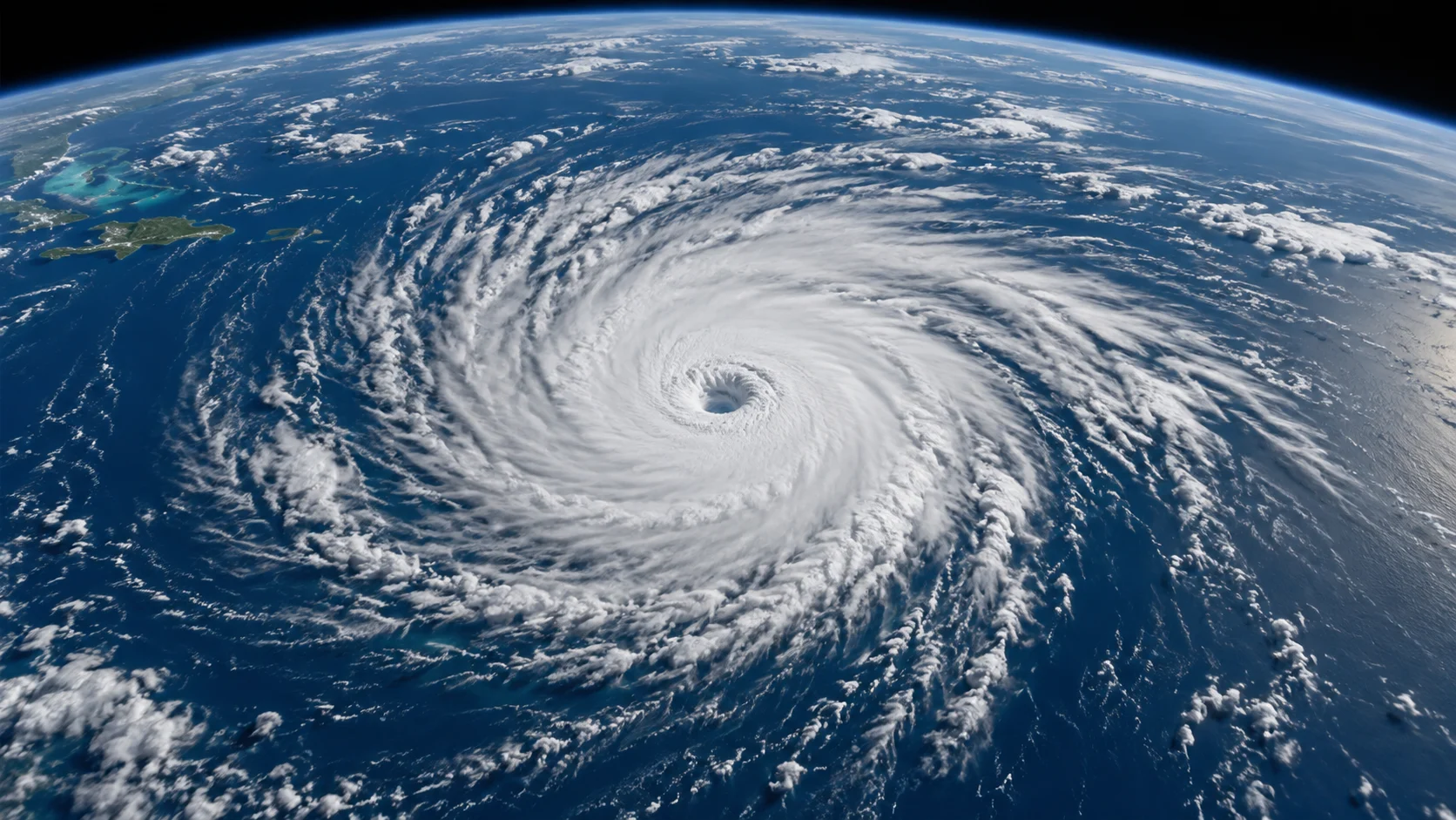 A mature hurricane spirals over the ocean in a view from orbit