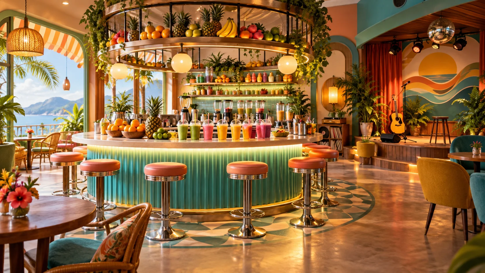 A bright smoothie bar with fruit, cups, and a stage corner