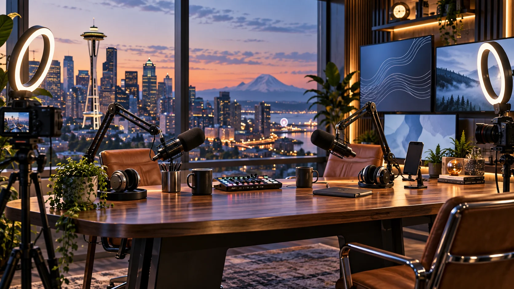 A modern podcast and webcast desk overlooking Seattle