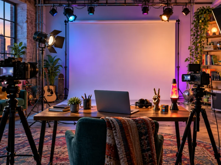 A colorful homemade webcast studio with cameras and props