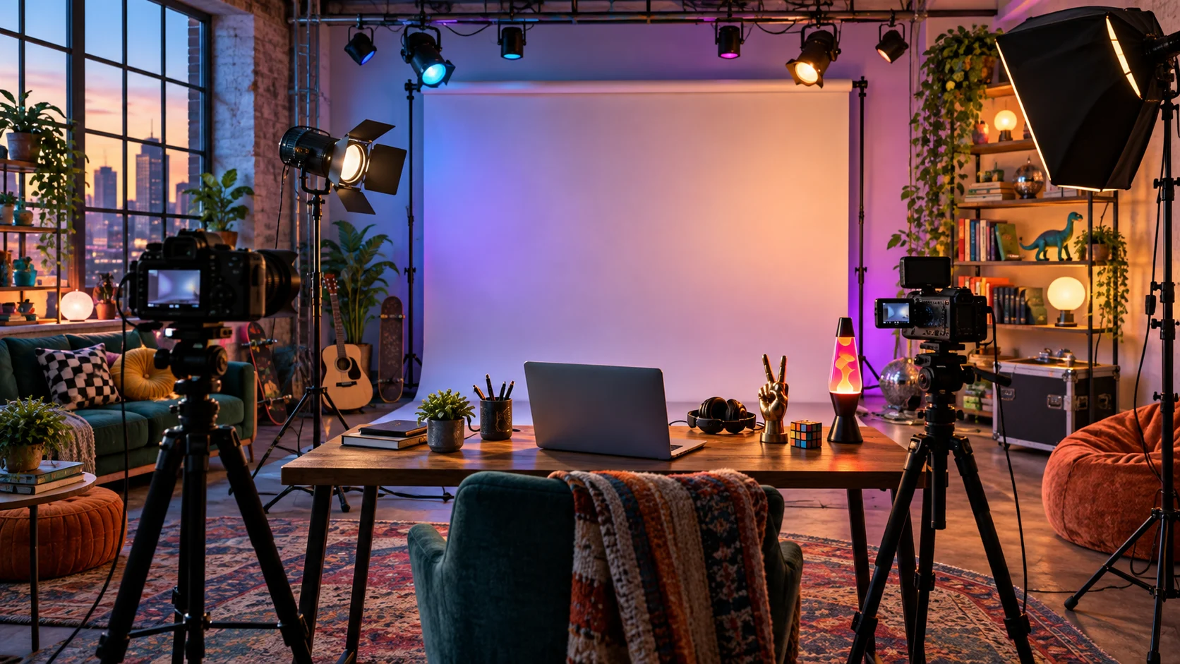 A colorful homemade webcast studio with cameras and props
