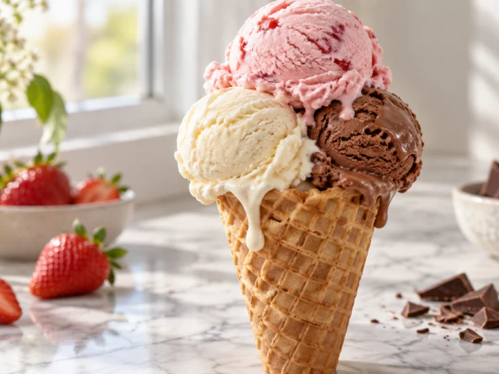 Vanilla chocolate and strawberry scoops melt gently in a waffle cone