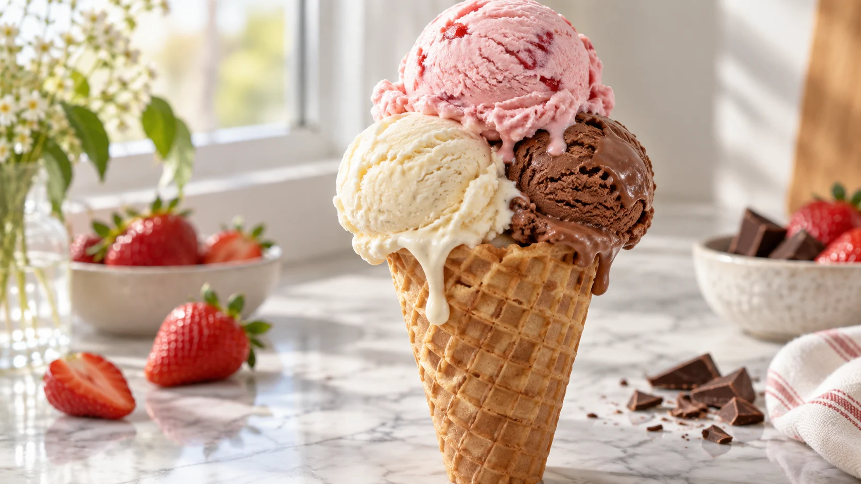 Vanilla chocolate and strawberry scoops melt gently in a waffle cone