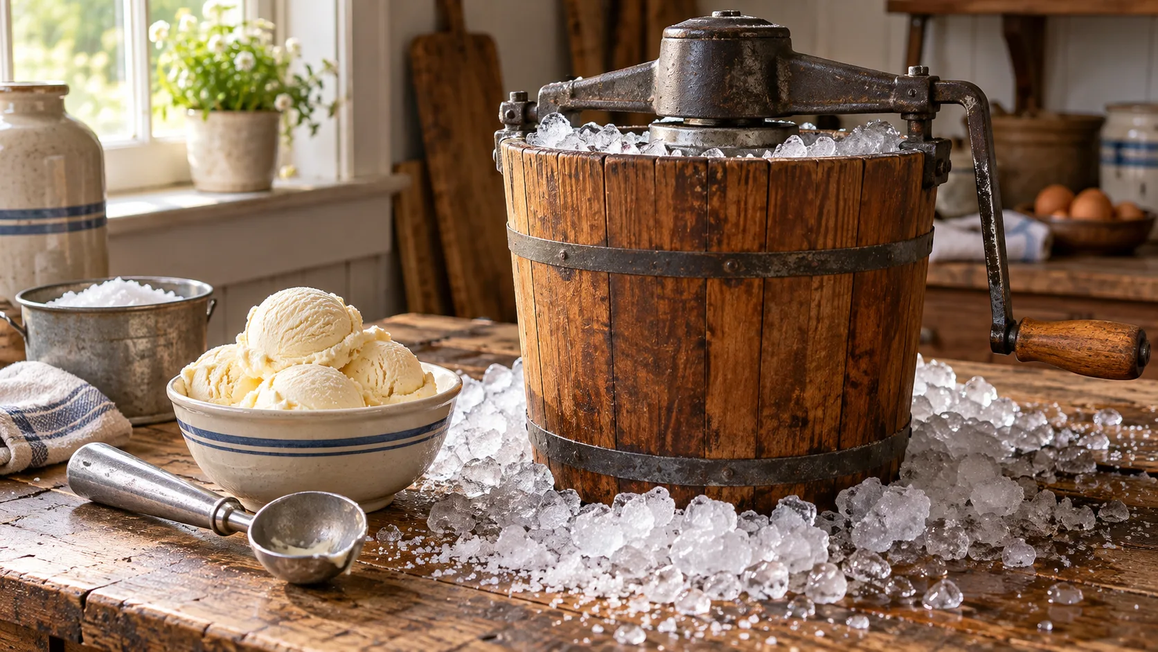 A wooden hand-crank freezer sits in ice beside freshly churned vanilla