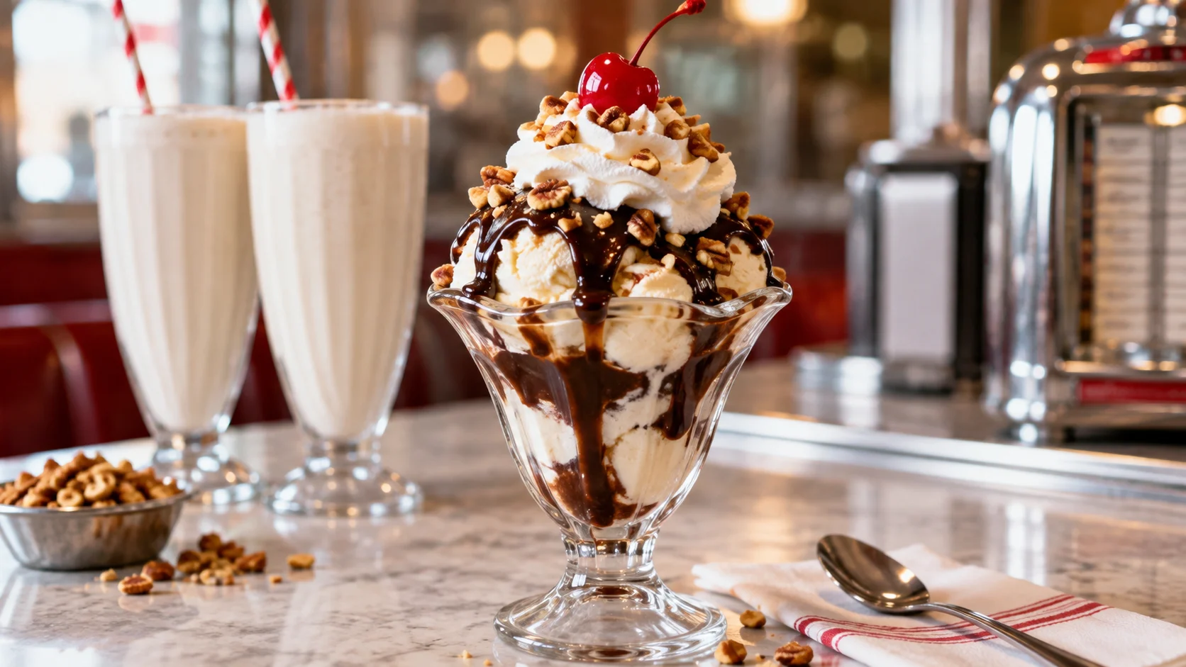 Hot fudge whipped cream nuts and a cherry crown a classic sundae