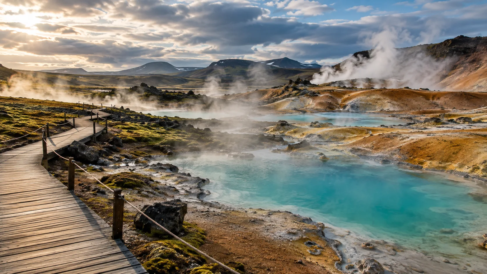 Steam rising from turquoise pools across an Icelandic geothermal field