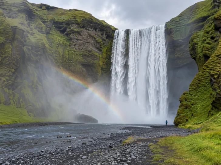 Skógafoss waterfall plunging into mist beneath green Icelandic cliffs
