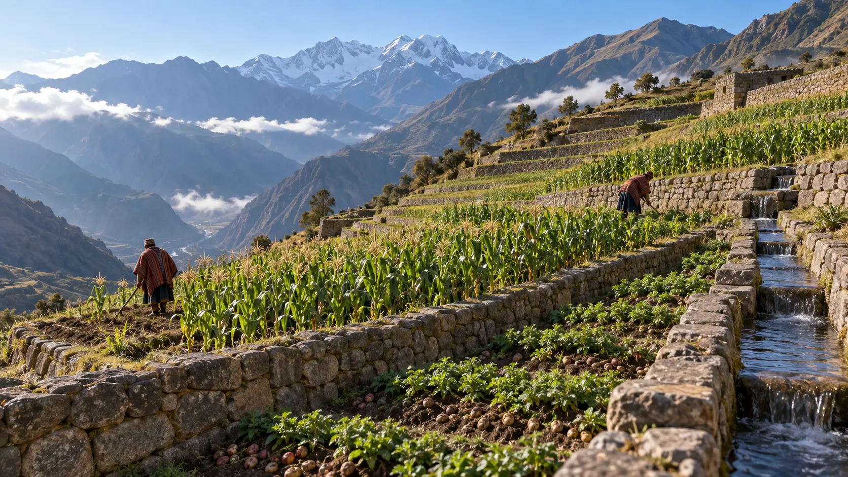 Inca farmers tending maize and potatoes on irrigated Andean terraces