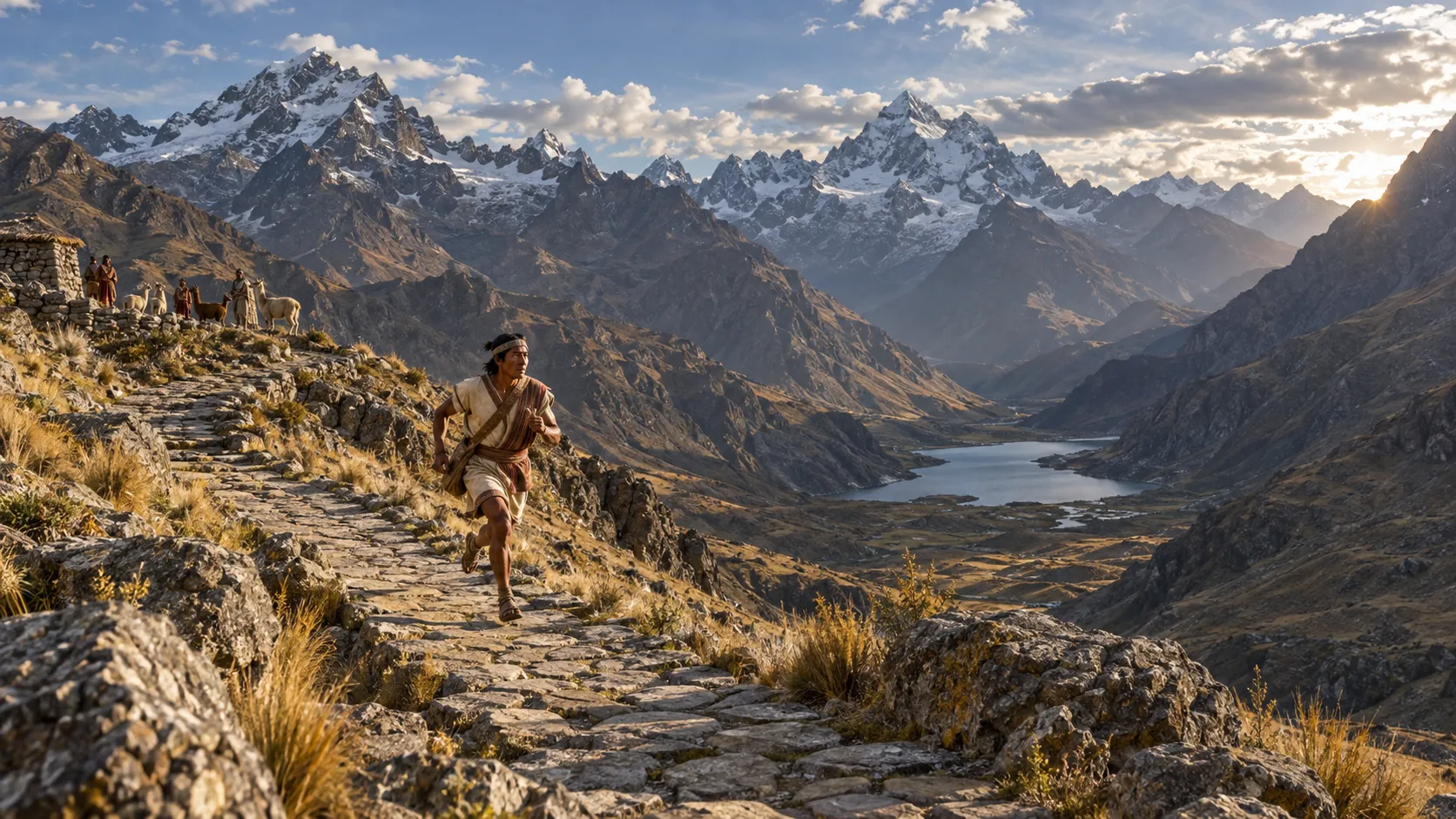 Inca chasqui running along a stone road through a high Andean pass
