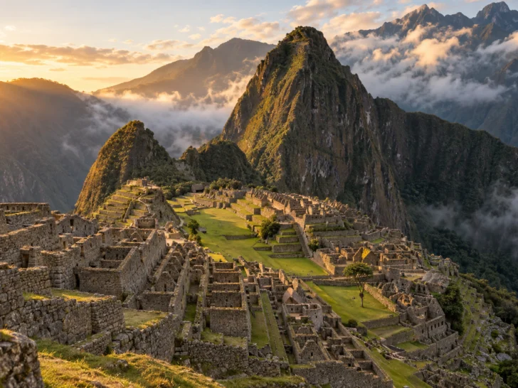 Machu Picchu terraces beneath Huayna Picchu at golden dawn