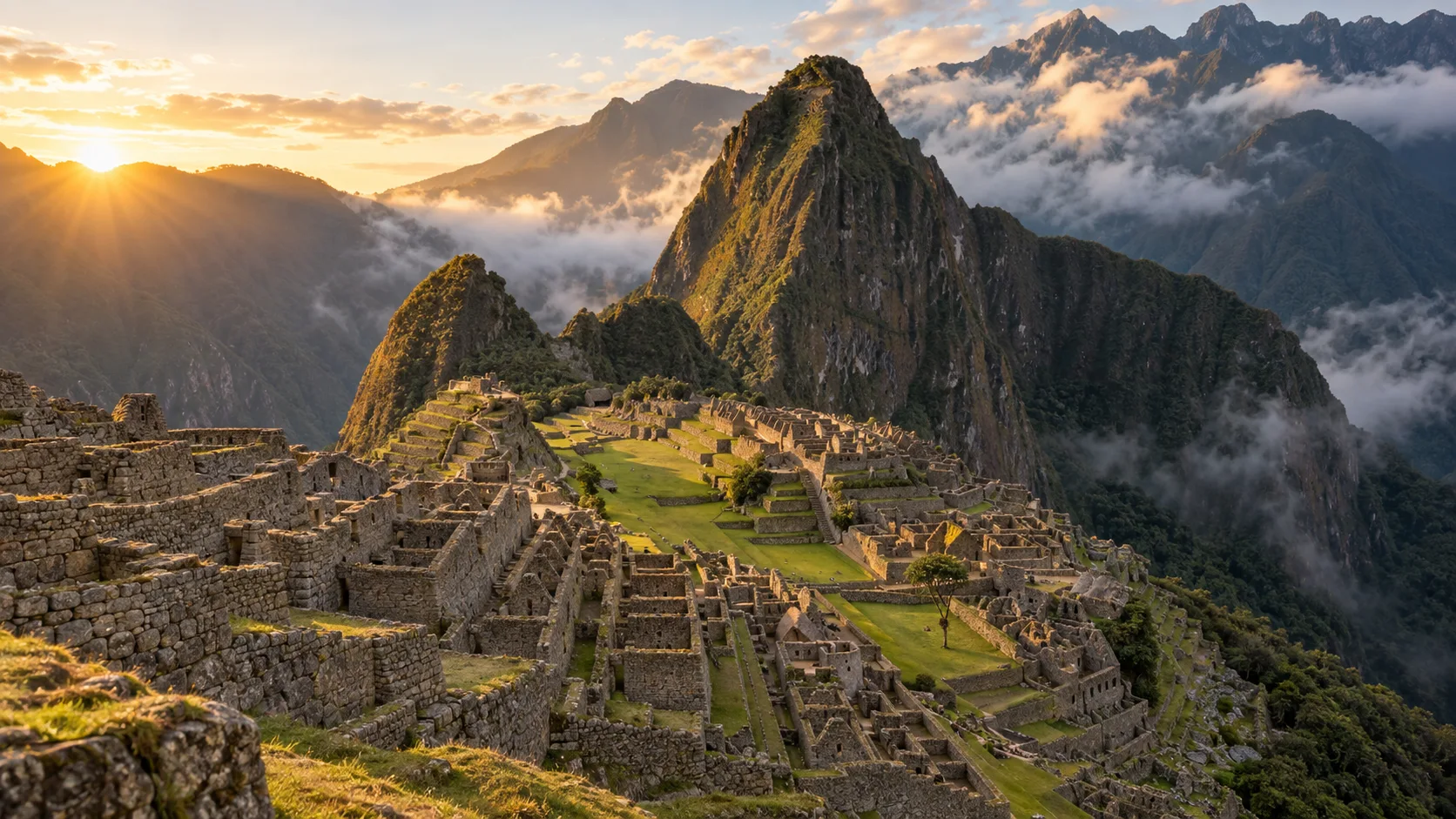 Machu Picchu terraces beneath Huayna Picchu at golden dawn