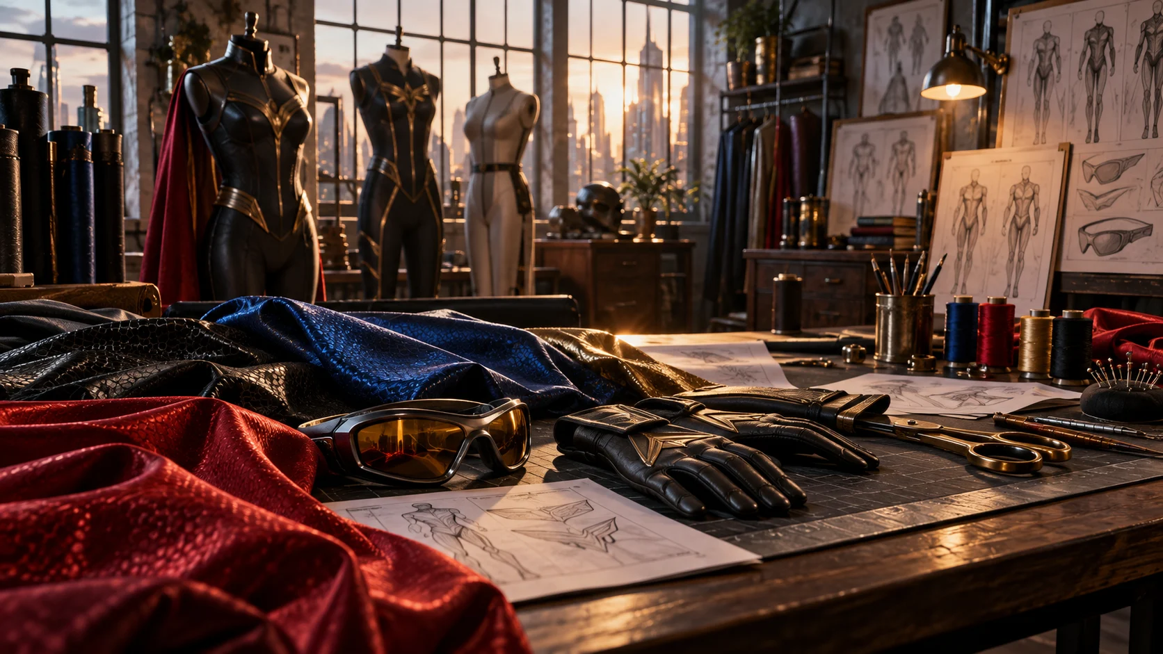 A designer workshop filled with original superhero suit materials