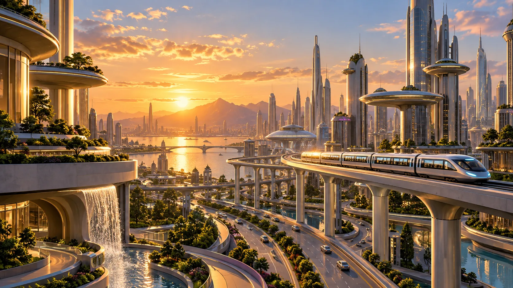 A futuristic city monorail crossing a skyline at golden hour