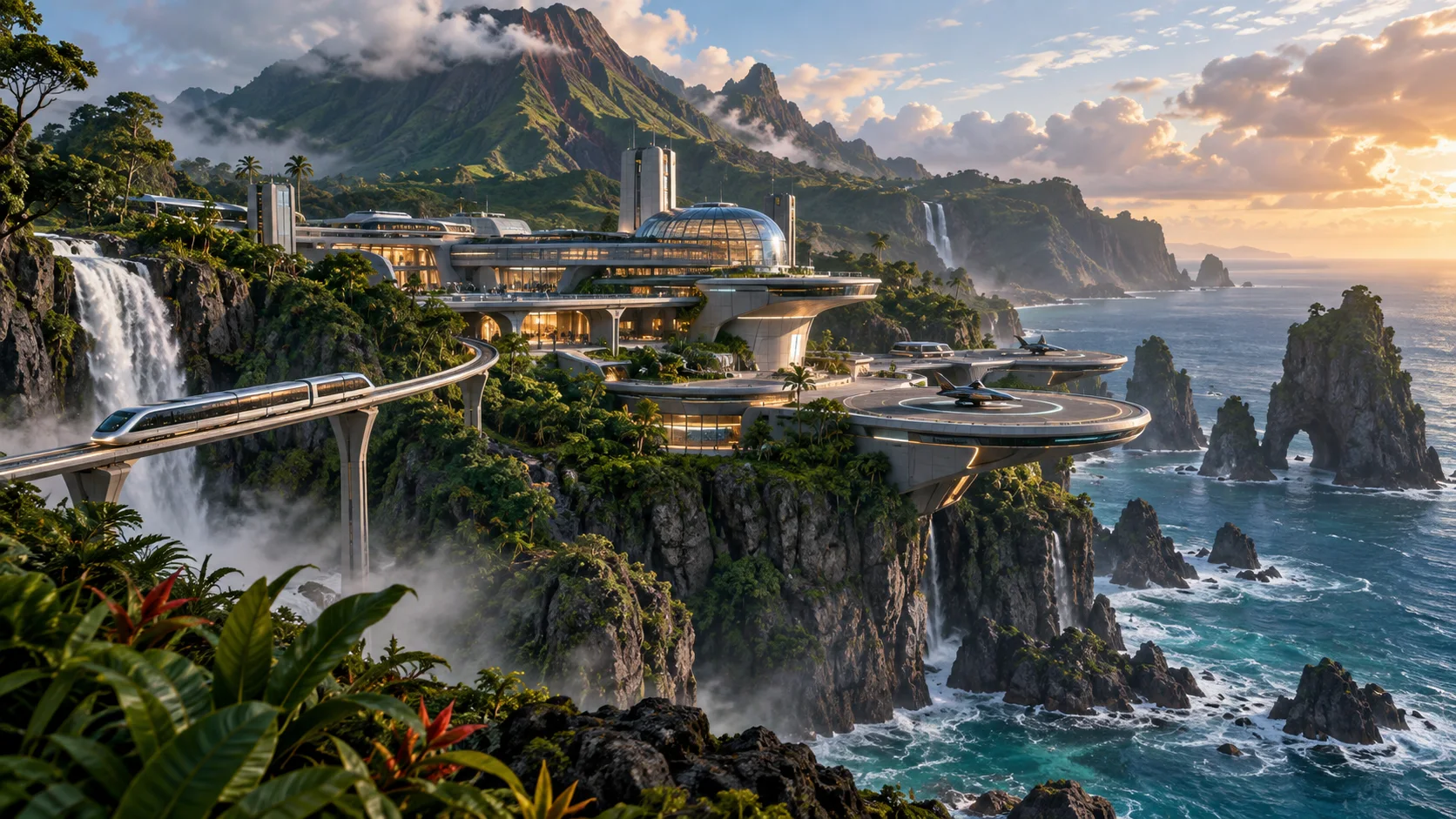 A sleek secret base built inside a lush volcanic island