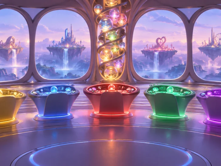 Glowing mind control room with five colorful consoles and memory spheres