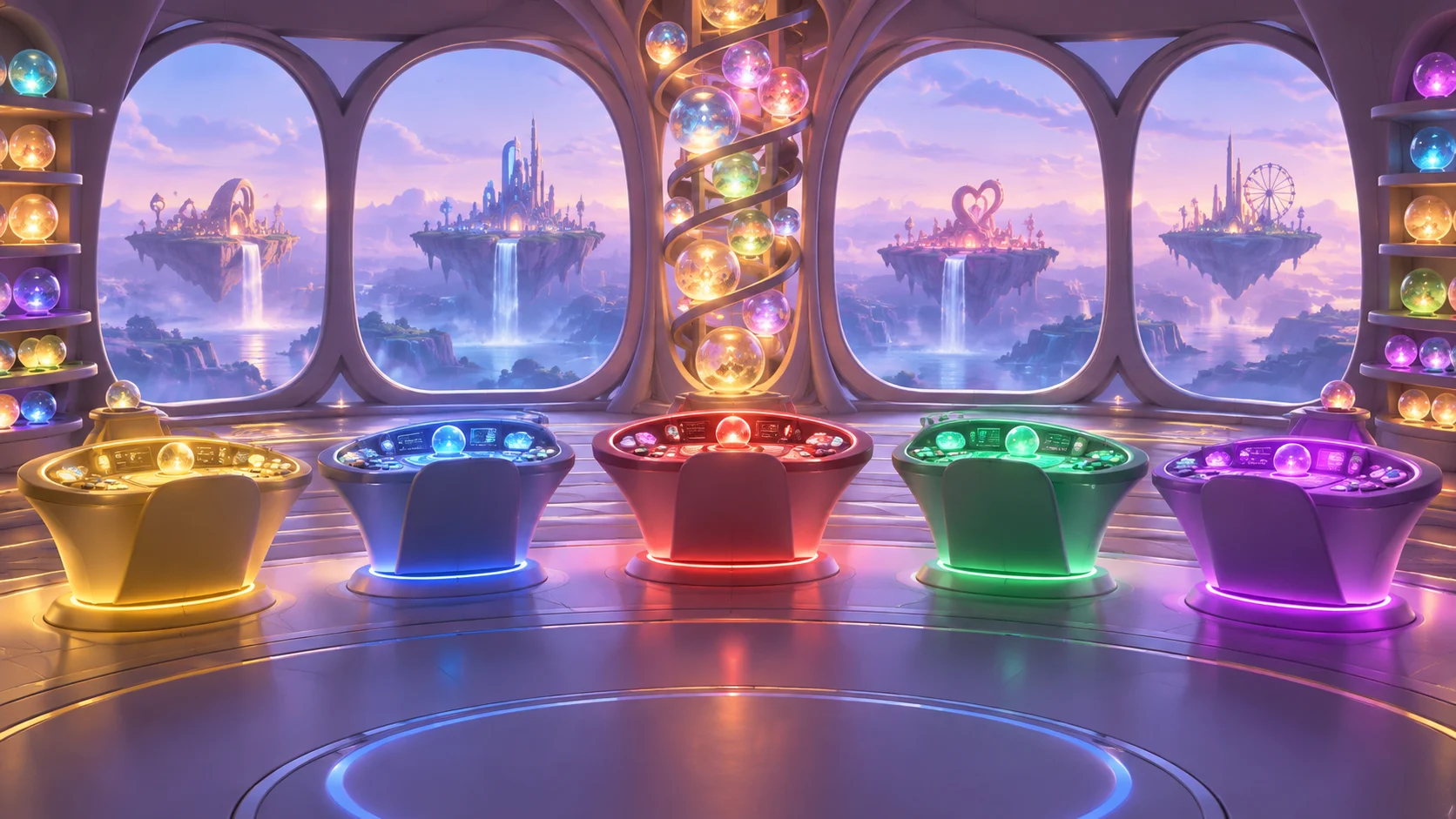 Glowing mind control room with five colorful consoles and memory spheres