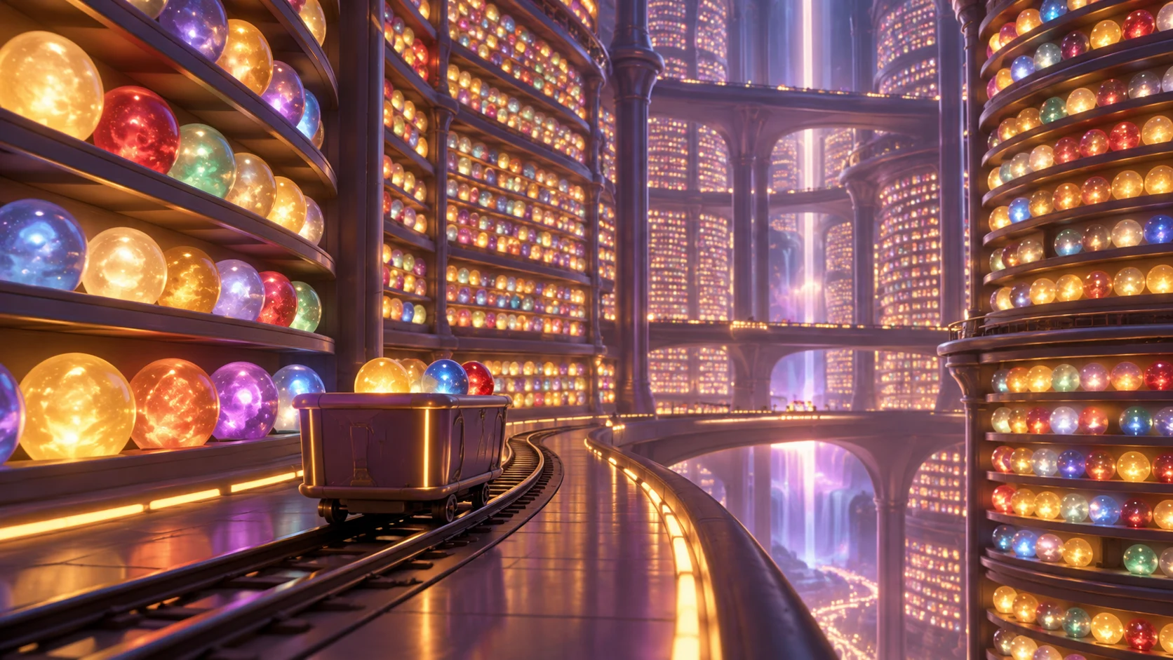 Thousands of glowing colored memory spheres on curved archive shelves