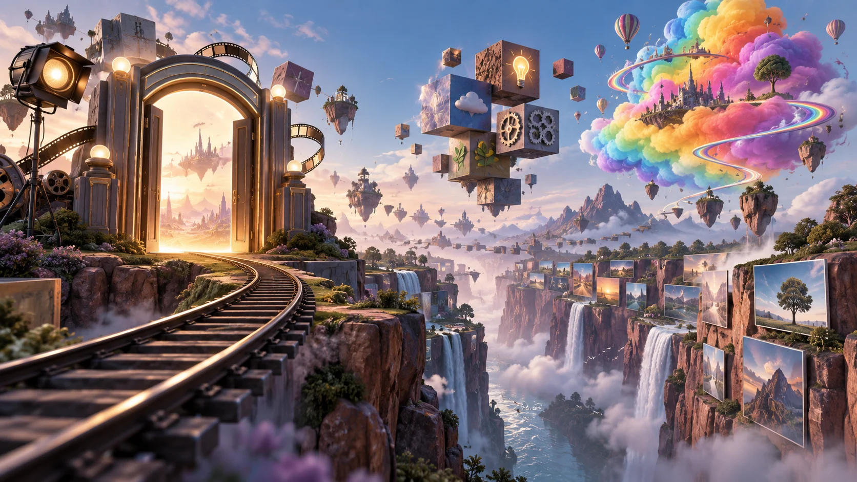 Surreal mindscape with dream gates train track thought blocks and memory canyon