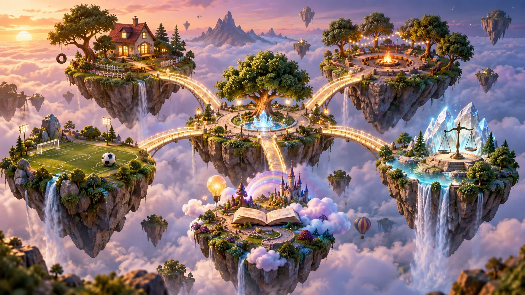 Whimsical floating islands connected by glowing bridges