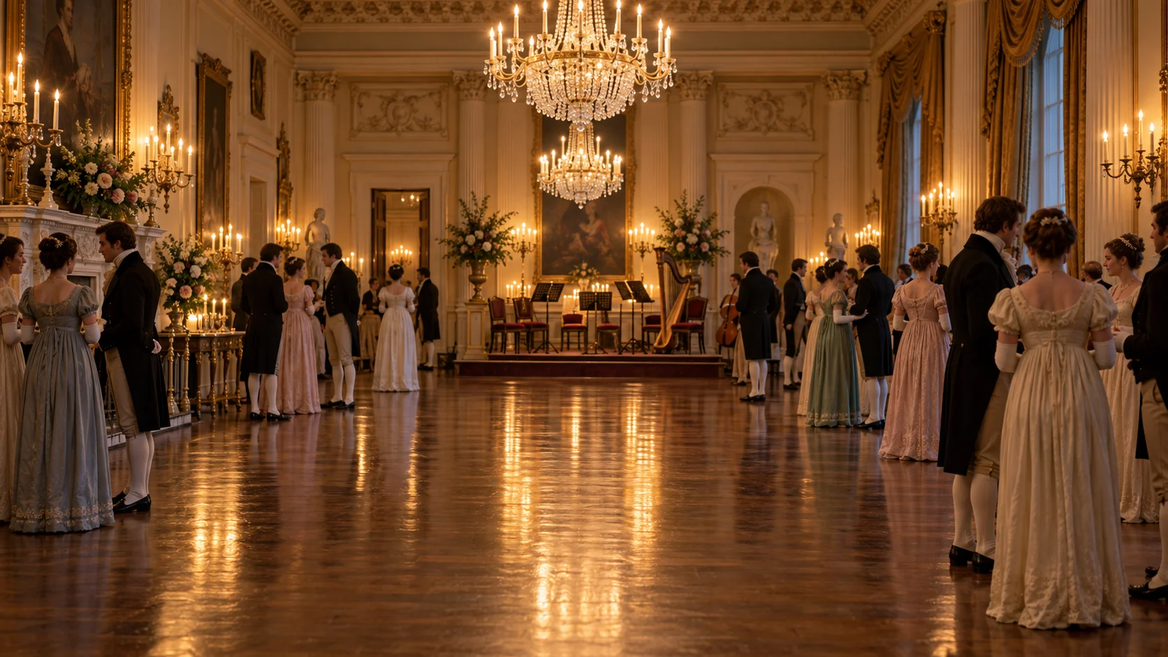 Candlelit Regency country-house ballroom prepared for an evening dance
