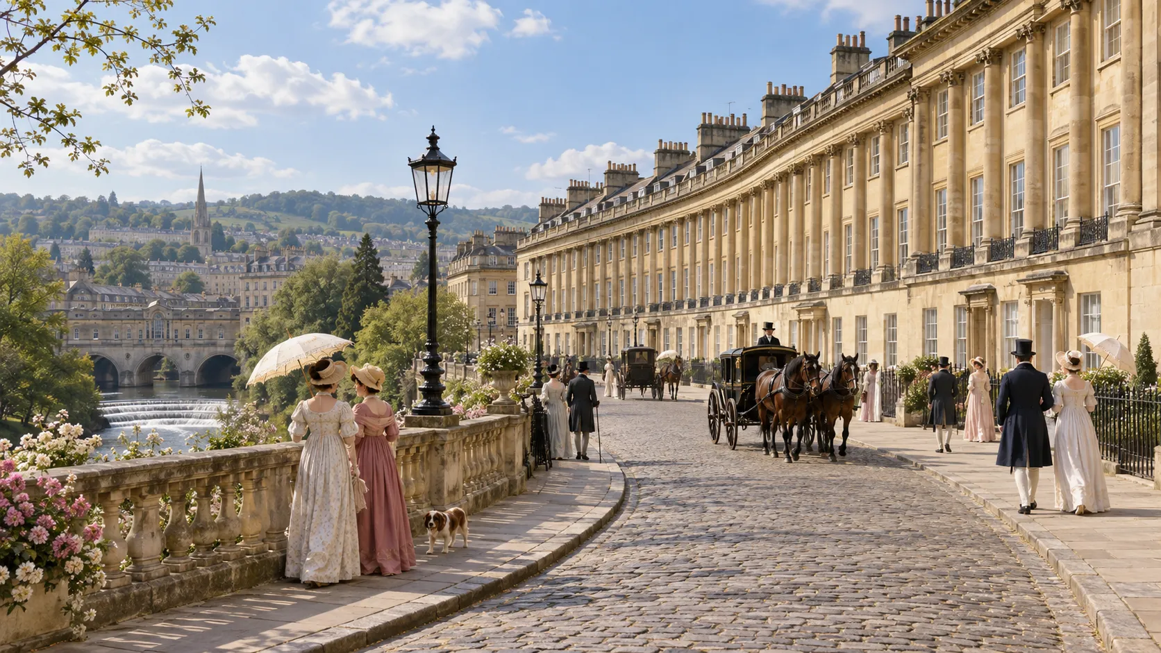 Regency promenade in Bath with Georgian architecture, carriages, and parasols