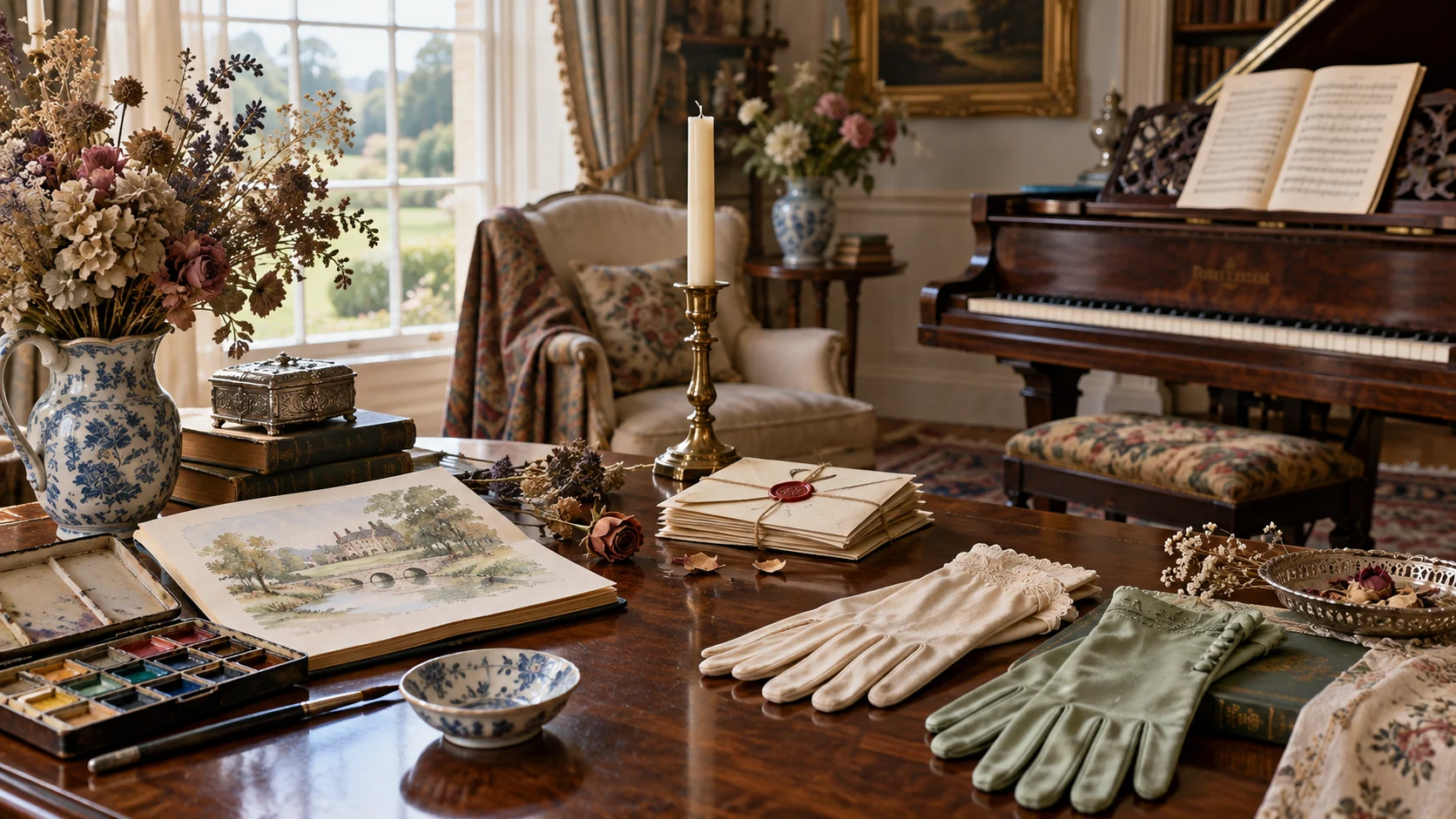 Regency drawing room with piano, watercolor paints, letters, flowers, and gloves