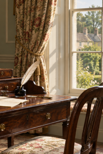 Regency writing room with a mahogany desk, quill, inkpot, and garden view