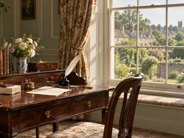 Regency writing room with a mahogany desk, quill, inkpot, and garden view