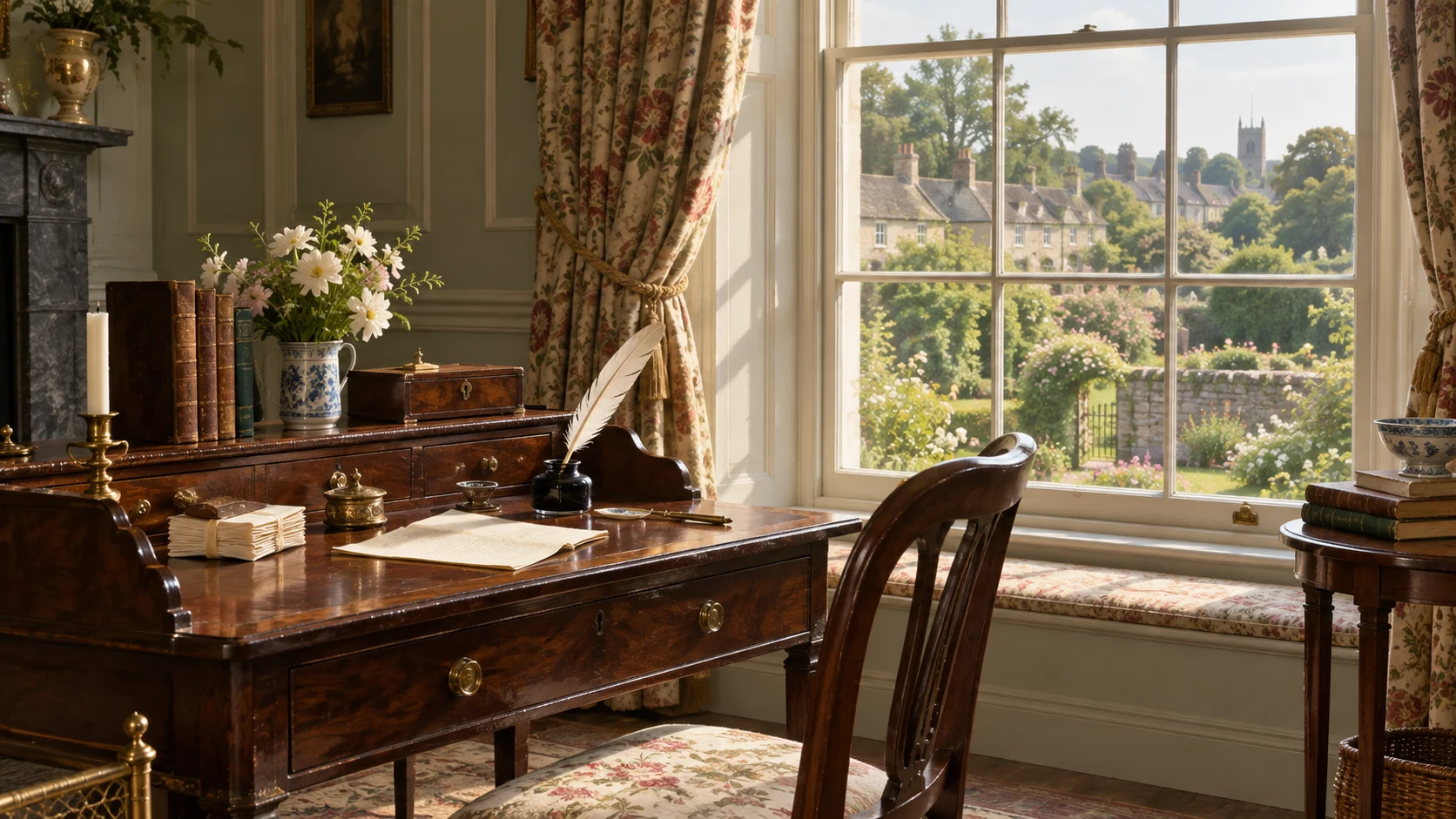 Regency writing room with a mahogany desk, quill, inkpot, and garden view