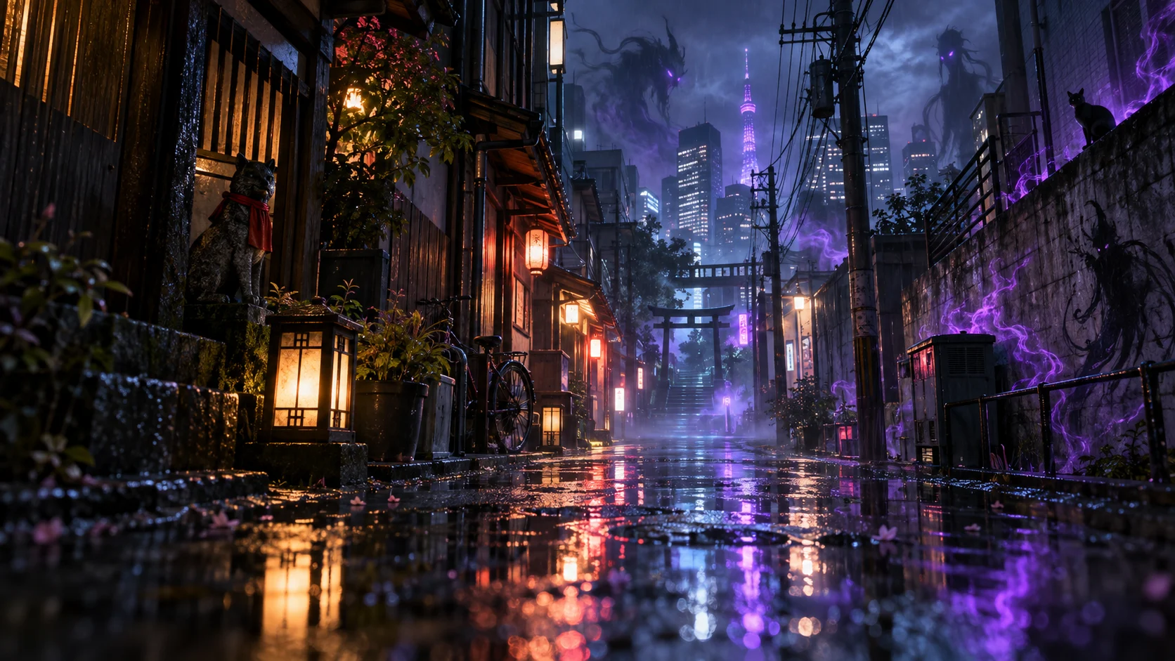 Rainy city alley with violet energy reflected in puddles