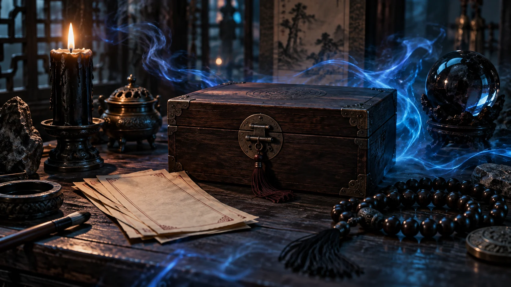 Sealed wooden box paper talismans candle and prayer beads
