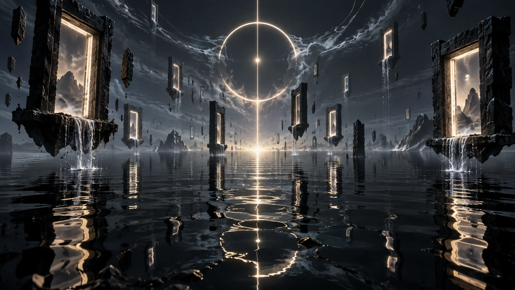 Surreal pocket dimension with black water gates and fractured light