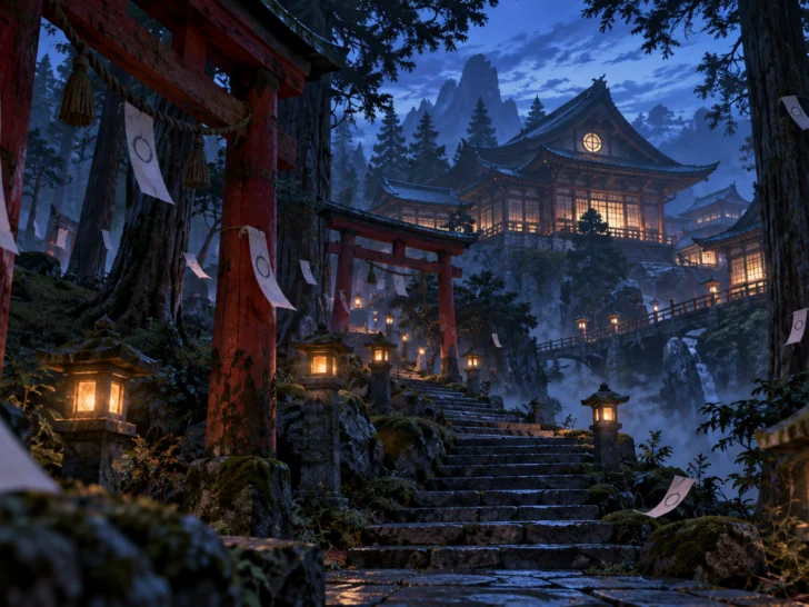 Old Japanese academy hidden behind cedar trees and red gates