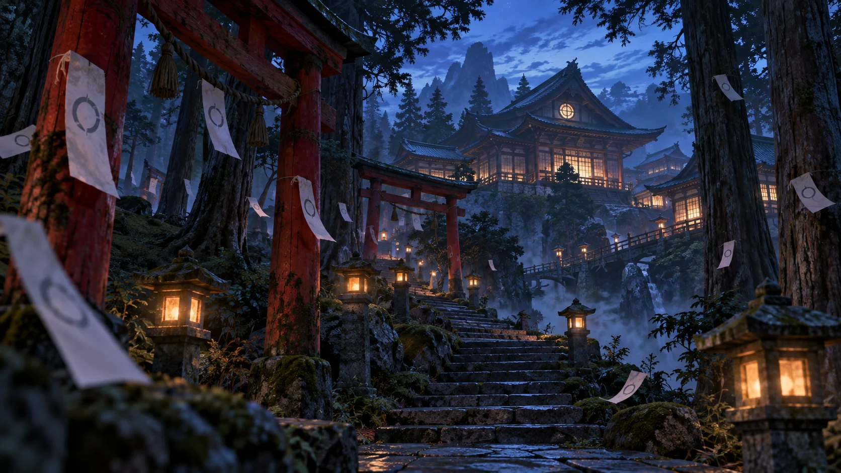 Old Japanese academy hidden behind cedar trees and red gates