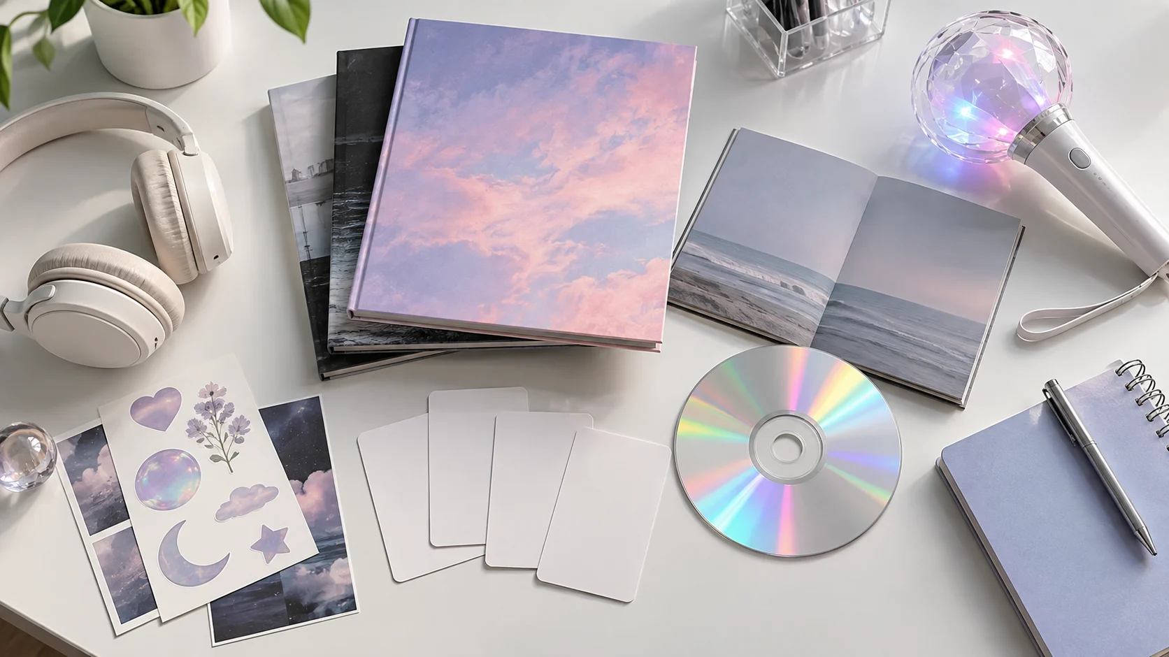 Pop albums blank photo cards headphones and a light stick on a desk