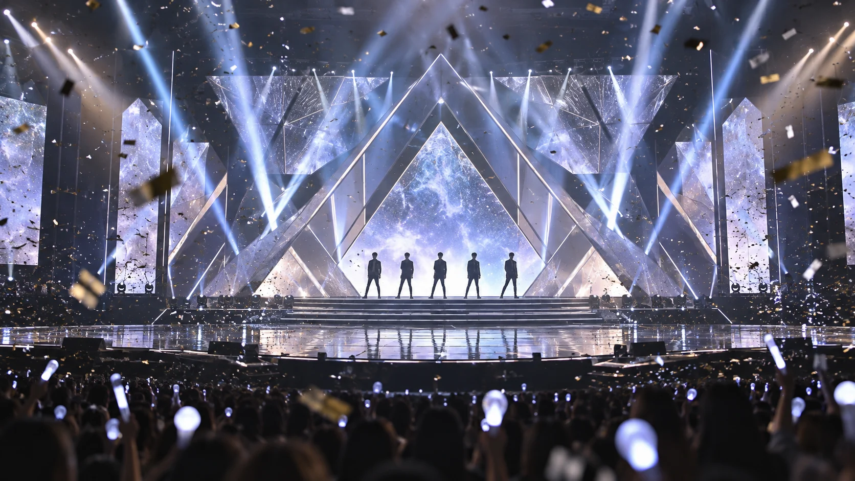 Music awards stage with geometric lighting confetti and performer silhouettes