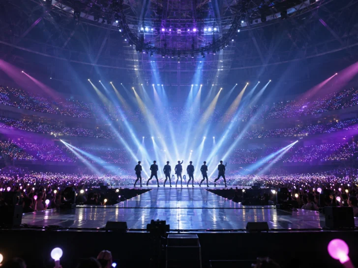 Colorful concert arena filled with thousands of glowing fan light sticks